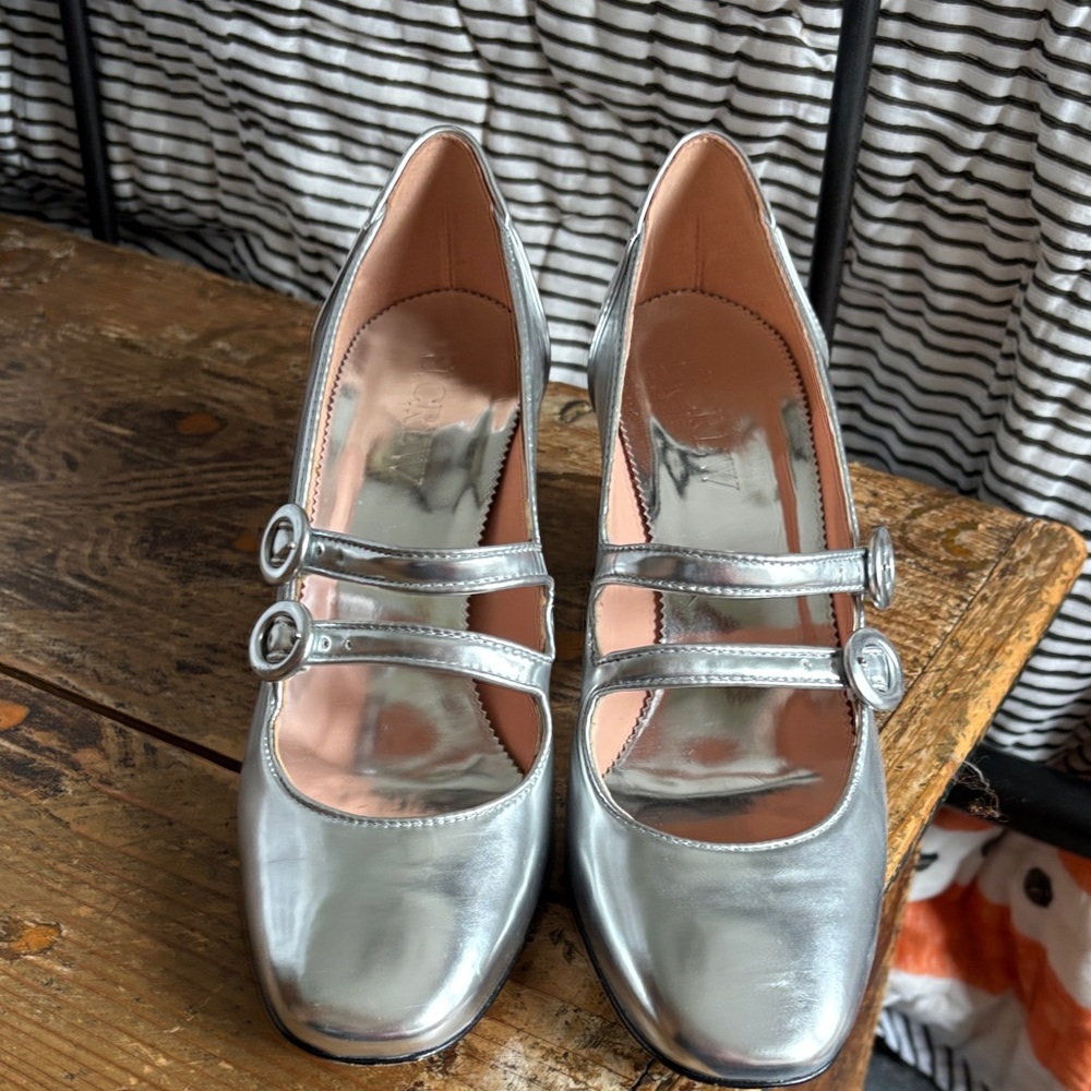 J. Crew Metallic Silver Double Strap Heels